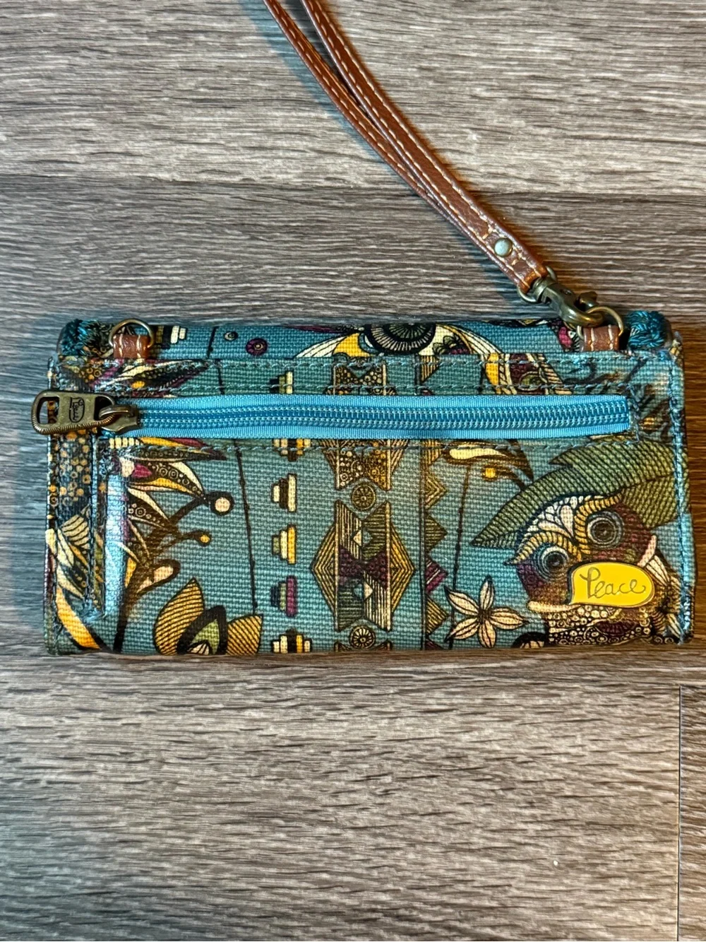 Sakroots Teal Patterned Wristlet Wallet with Brown Strap